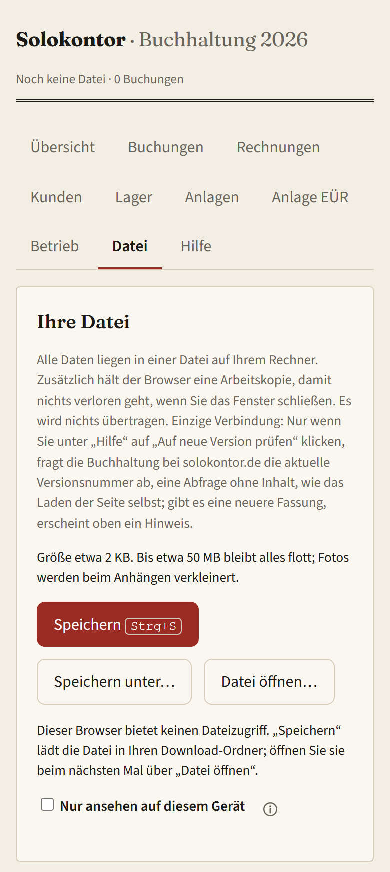 Handy, Reiter „Datei“ ohne geöffnete Datei: Karte „Ihre Datei“ mit dem Knopf „Datei öffnen…“ und dem Hinweis, dass der Browser keinen Dateizugriff bietet