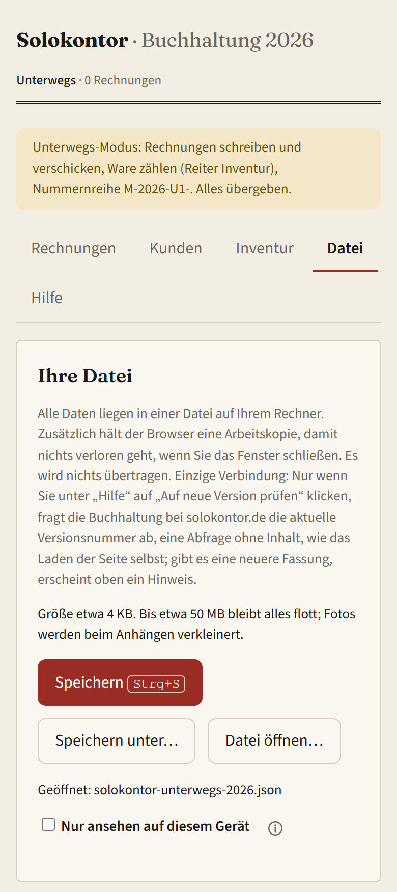 Handy, Reiter „Datei“ nach dem Laden: Die Statuszeile in der Karte „Ihre Datei“ nennt den Namen der geöffneten Unterwegs-Datei