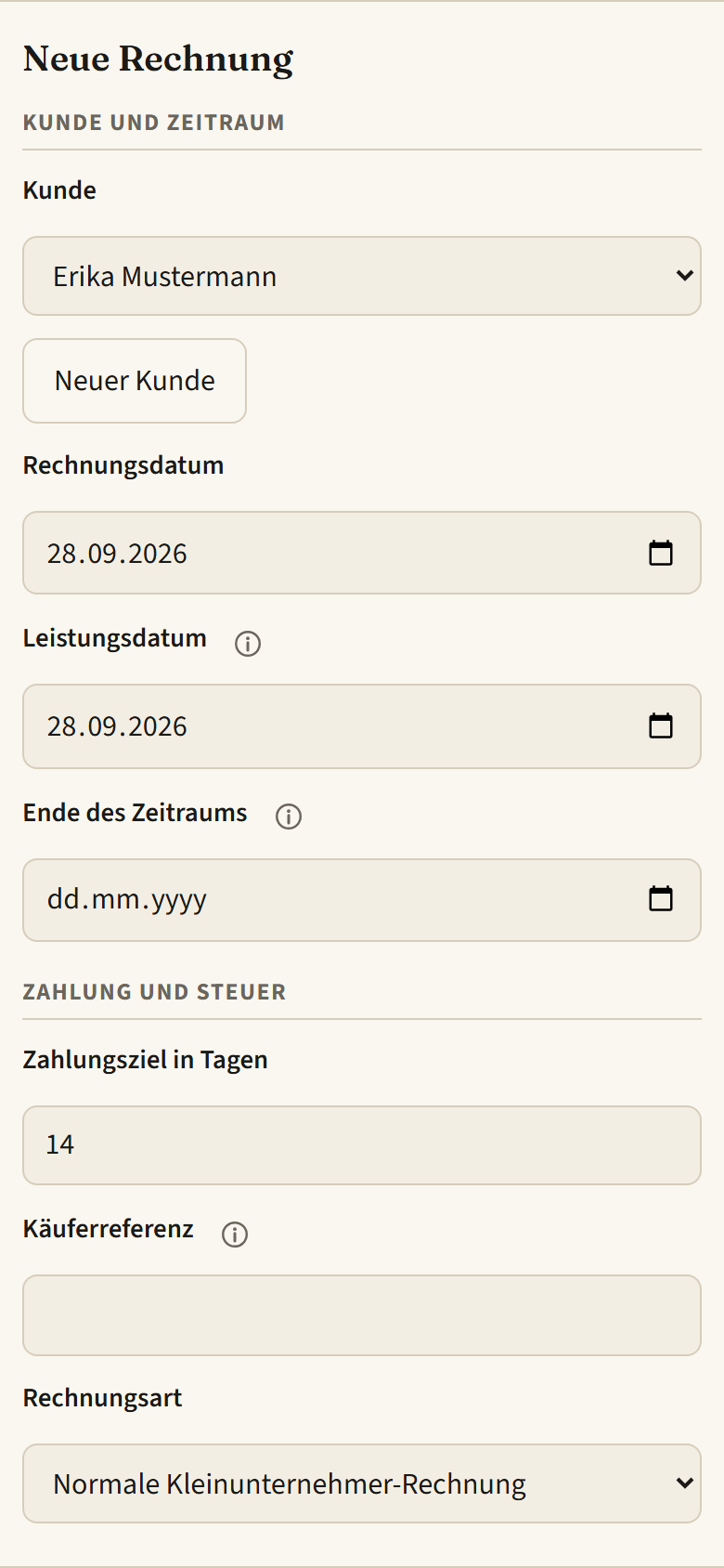 Handy, Dialog „Neue Rechnung“ oben: Kunde Erika Mustermann, Rechnungsdatum und Leistungsdatum