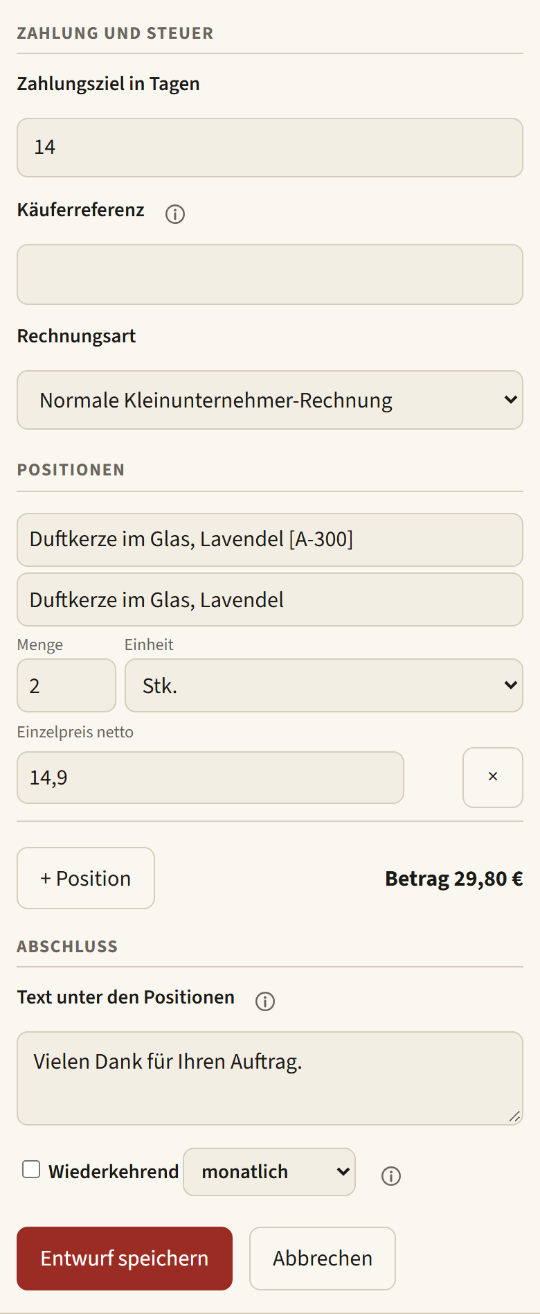 Handy, Dialog „Neue Rechnung“ unten: eine Position Duftkerze im Glas, Menge 2, Betrag 29,80 €, darunter die Knöpfe „Entwurf speichern“ und „Abbrechen“