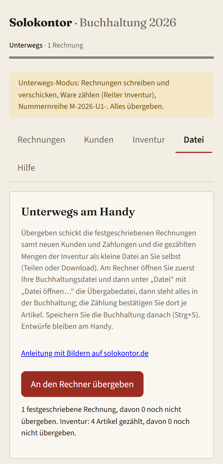Handy, Reiter „Datei“ nach der Übergabe: Das Band endet mit „Alles übergeben.“, die Karte „Unterwegs am Handy“ zeigt den Knopf „An den Rechner übergeben“ und meldet, dass nichts mehr zu übergeben ist
