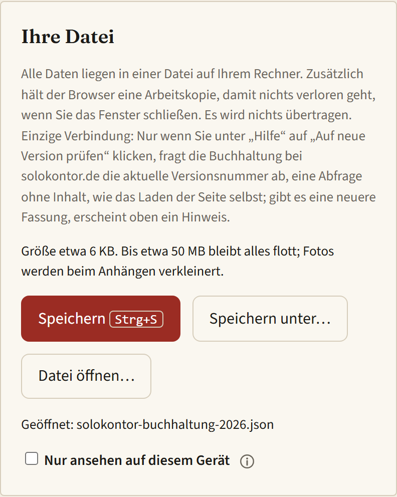 Rechner, Reiter „Datei“: Karte „Ihre Datei“ mit den Knöpfen „Speichern“, „Speichern unter…“ und „Datei öffnen…“ und einer Statuszeile mit dem Namen der geöffneten Datei